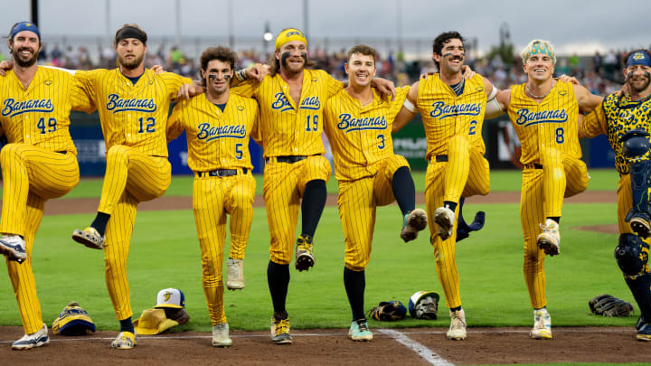 The Savannah Bananas dance and hype up the crowd ahead of their game on Thursday, Aug. 1, 2024 for their first game of the series at Louisville Slugger Field in Louisville, Ky.