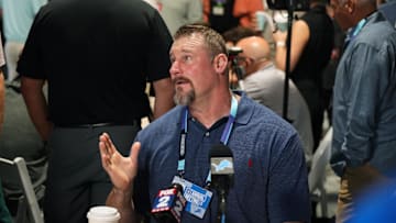 Apr 1, 2025; Palm Beach, FL, USA;  Detroit Lions head coach Dan Campbell answers questions from the media during the NFL Annual League Meeting at The Breakers. Mandatory Credit: Jim Rassol-Imagn Images