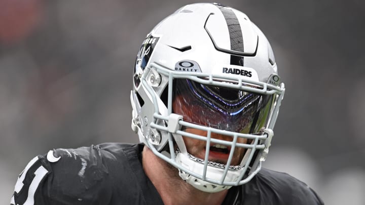 Oct 15, 2023; Paradise, Nevada, USA; Las Vegas Raiders linebacker Robert Spillane (41) warms up against the New England Patriots at Allegiant Stadium. Mandatory Credit: Candice Ward-USA TODAY Sports