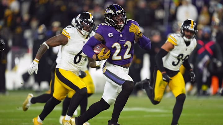 Jan 11, 2025; Baltimore, Maryland, USA; Baltimore Ravens running back Derrick Henry (22) runs to score a touchdown against the Pittsburgh Steelers in the third quarter in an AFC wild card game at M&T Bank Stadium. Mandatory Credit: Mitch Stringer-Imagn Images Jan 11, 2025; Baltimore, Maryland, USA; Baltimore Ravens running back Derrick Henry (22) runs to score a touchdown against the Pittsburgh Steelers in the third quarter in an AFC wild card game at M&T Bank Stadium. Mandatory Credit: Mitch Stringer-Imagn Images