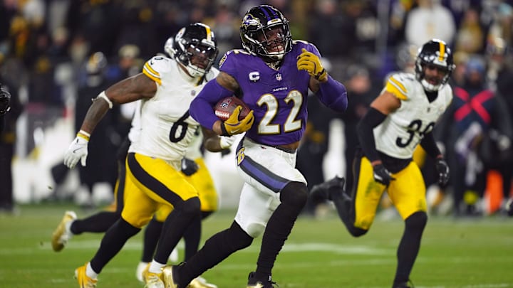 Jan 11, 2025; Baltimore, Maryland, USA; Baltimore Ravens running back Derrick Henry (22) runs to score a touchdown against the Pittsburgh Steelers in the third quarter in an AFC wild card game at M&T Bank Stadium. Mandatory Credit: Mitch Stringer-Imagn Images Jan 11, 2025; Baltimore, Maryland, USA; Baltimore Ravens running back Derrick Henry (22) runs to score a touchdown against the Pittsburgh Steelers in the third quarter in an AFC wild card game at M&T Bank Stadium. Mandatory Credit: Mitch Stringer-Imagn Images