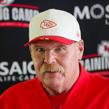 Jul 22, 2025; St. Joseph, MO, USA; Kansas City Chiefs head coach Andy Reid speaks to media after training camp at Missouri Western State University. Mandatory Credit: Denny Medley-Imagn Images