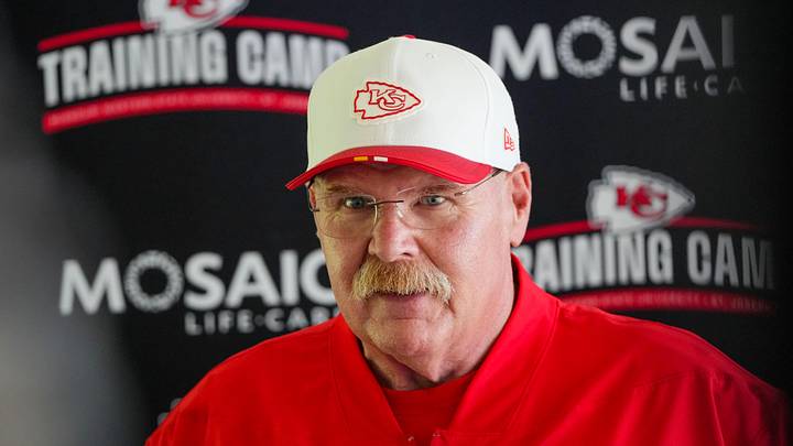 Jul 22, 2025; St. Joseph, MO, USA; Kansas City Chiefs head coach Andy Reid speaks to media after training camp at Missouri Western State University. Mandatory Credit: Denny Medley-Imagn Images