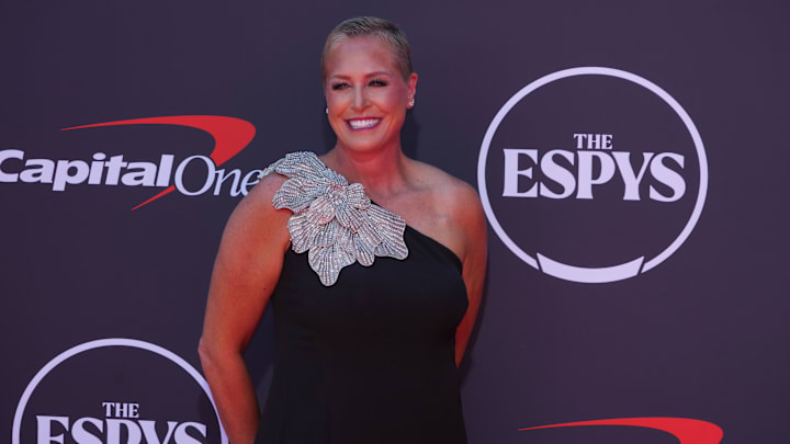 Penn State women's volleyball coach Katie Schumacher-Cawley on the red carpet before the ESPYs in Los Angeles. Penn State women's volleyball coach Katie Schumacher-Cawley on the red carpet before the ESPYs in Los Angeles.