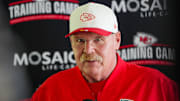 Jul 22, 2025; St. Joseph, MO, USA; Kansas City Chiefs head coach Andy Reid speaks to media after training camp at Missouri Western State University. Mandatory Credit: Denny Medley-Imagn Images