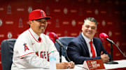 Oct 22, 2025; Los Angeles, CA, USA; Los Angeles Angels manager Kurt Suzuki speaks during a press conference at Angel Stadium. Mandatory Credit: William Liang-Imagn Images