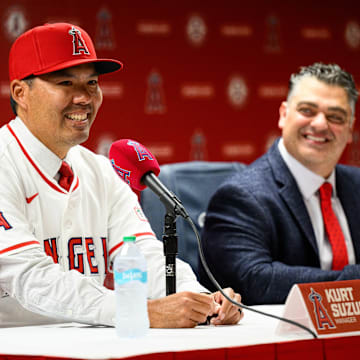 Oct 22, 2025; Los Angeles, CA, USA; Los Angeles Angels manager Kurt Suzuki speaks during a press conference at Angel Stadium. Mandatory Credit: William Liang-Imagn Images