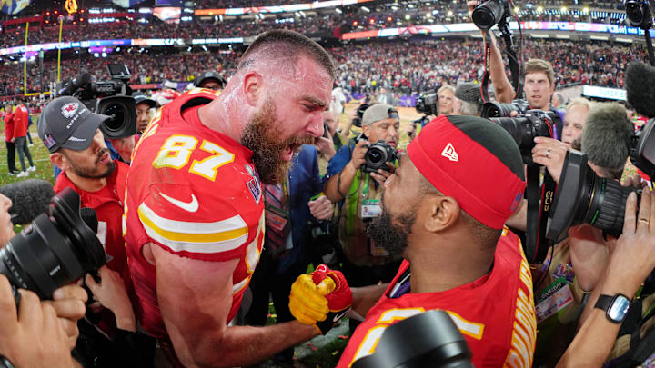 Feb 11, 2024; Paradise, Nevada, USA; Kansas City Chiefs tight end Travis Kelce (87) celebrates with running back Clyde Edwards-Helaire (25) after winning Super Bowl LVIII against the San Francisco 49ers at Allegiant Stadium. Mandatory Credit: Kirby Lee-Imagn Images