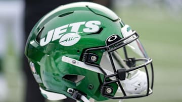 Aug 12, 2023; Charlotte, North Carolina, USA; New York Jets helmet during the second quarter against the Carolina Panthers at Bank of America Stadium. Mandatory Credit: Jim Dedmon-Imagn Images