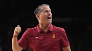 Jan 4, 2025; Los Angeles, California, USA; Southern California Trojans head coach Eric Musselman reacts in the second half against the Michigan Wolverines at Galen Center. Mandatory Credit: Kirby Lee-Imagn Images