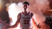 Jan 4, 2025; Los Angeles, California, USA; Southern California Trojans forward Josh Cohen (33) enters the court before the game against the Michigan Wolverines at Galen Center. Mandatory Credit: Kirby Lee-Imagn Images
