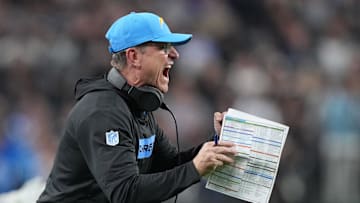 Jan 5, 2025; Paradise, Nevada, USA; Los Angeles Chargers coach Jim Harbaugh celebrates in the second half against the Las Vegas Raiders in the first half at Allegiant Stadium. Mandatory Credit: Kirby Lee-Imagn Images