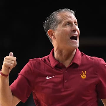 Jan 4, 2025; Los Angeles, California, USA; Southern California Trojans head coach Eric Musselman reacts in the second half against the Michigan Wolverines at Galen Center. Mandatory Credit: Kirby Lee-Imagn Images
