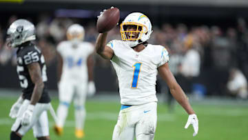 Jan 5, 2025; Paradise, Nevada, USA; Los Angeles Chargers wide receiver Quentin Johnston (1) celebrates after a reception against the Las Vegas Raiders at Allegiant Stadium. Mandatory Credit: Kirby Lee-Imagn Images