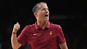 Jan 4, 2025; Los Angeles, California, USA; Southern California Trojans head coach Eric Musselman reacts in the second half against the Michigan Wolverines at Galen Center. Mandatory Credit: Kirby Lee-Imagn Images