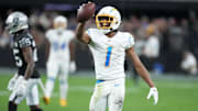 Los Angeles Chargers WR Quentin Johnston celebrates after a reception against the Las Vegas Raiders.