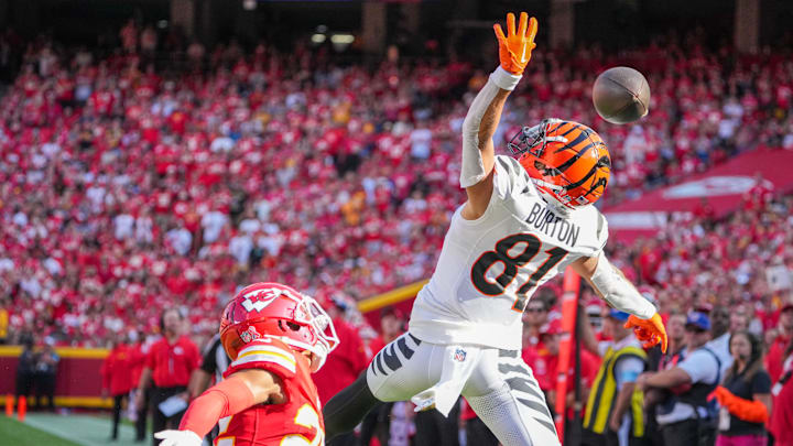 Sep 15, 2024; Kansas City, Missouri, USA; Cincinnati Bengals wide receiver Jermaine Burton (81) can’t make the catch as Kansas City Chiefs cornerback Trent McDuffie (22) defends during the first half at GEHA Field at Arrowhead Stadium. Mandatory Credit: Denny Medley-Imagn Images