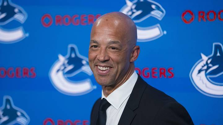 Jun 4, 2026; Vancouver, BC, CANADA; Manny Malhotra smiles during press conference where the Vancouver Canucks introduce Malhotra as their new head coach during a press conference at Rogers Arena. Mandatory Credit: Bob Frid-Imagn Images