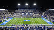 Nov 16, 2024; Provo, Utah, USA; A general view of LaVell Edwards Stadium before the game between the Brigham Young Cougars and the Kansas Jayhawks. Mandatory Credit: Rob Gray-Imagn Images