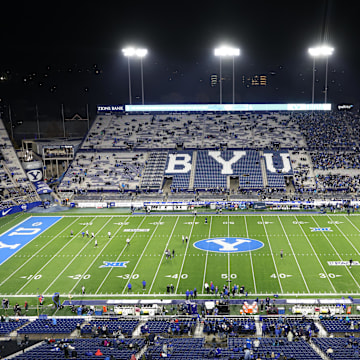 Nov 16, 2024; Provo, Utah, USA; A general view of LaVell Edwards Stadium before the game between the Brigham Young Cougars and the Kansas Jayhawks. Mandatory Credit: Rob Gray-Imagn Images