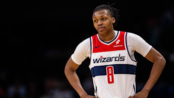 Mar 1, 2025; Charlotte, North Carolina, USA; Washington Wizards guard Bub Carrington (8) looks on during a free throw in the fourth quarter against the Charlotte Hornets at Spectrum Center. Mandatory Credit: Scott Kinser-Imagn Images