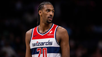 Mar 1, 2025; Charlotte, North Carolina, USA; Washington Wizards forward Alex Sarr (20) looks on during the fourth quarter against the Charlotte Hornets at Spectrum Center. Mandatory Credit: Scott Kinser-Imagn Images