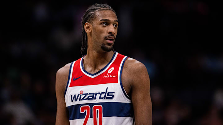Mar 1, 2025; Charlotte, North Carolina, USA; Washington Wizards forward Alex Sarr (20) looks on during the fourth quarter against the Charlotte Hornets at Spectrum Center. Mandatory Credit: Scott Kinser-Imagn Images