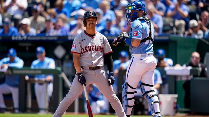 May 7, 2026: Cleveland Guardians left fielder Steven Kwan (38) reacts after losing an ABS challenge during the third inning against the Kansas City Royals at Kauffman Stadium. Mandatory Credit: Jay Biggerstaff-Imagn Images