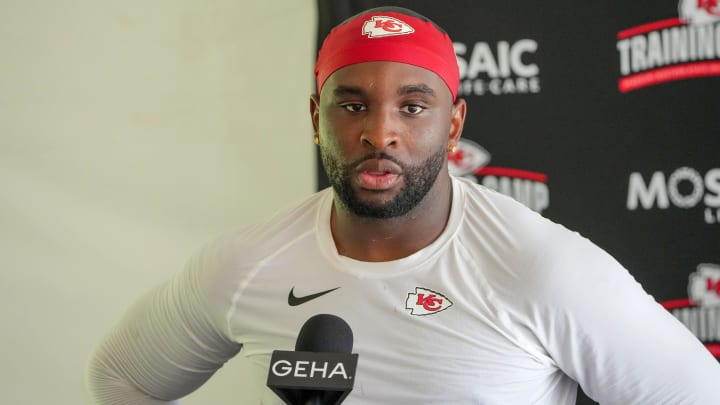 Jul 26, 2024; Kansas City, MO, USA;Kansas City Chiefs defensive end Felix Anudike-Uzomah (97) speaks to the media after training camp at Missouri Western State University. Mandatory Credit: Denny Medley-USA TODAY Sports