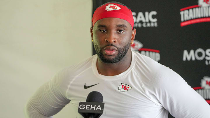 Kansas City Chiefs defensive end Felix Anudike-Uzomah (97) speaks to the media after training camp at Missouri Western State University.