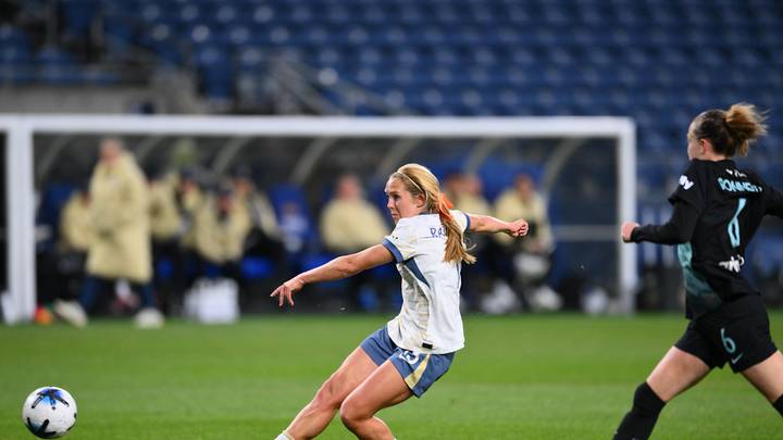 May 15, 2026; Seattle, Washington, USA; Seattle Reign FC forward Brittany Ratcliffe (13) shoots the ball against Gotham FC during the second half at Lumen Field. Mandatory Credit: Steven Bisig-Imagn Images