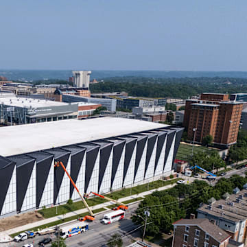 Construction continues on the new Sheakley Indoor Practice Facility and Sheakley Athletics Performance Center at the University of Cincinnati in Cincinnati, Ohio, on Wednesday, June 4, 2025.