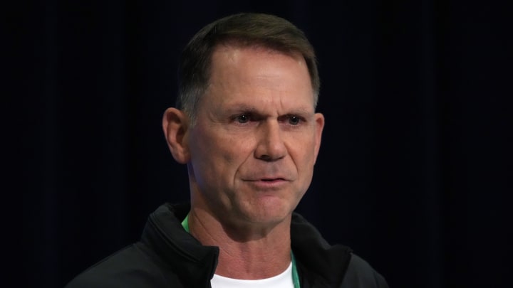 Feb 27, 2024; Indianapolis, IN, USA; Jacksonville Jaguars general manager Trent Baalke speaks at a Feb 27, 2024; Indianapolis, IN, USA; Jacksonville Jaguars general manager Trent Baalke speaks at a
