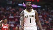 Mar 8, 2025; Houston, Texas, USA;  New Orleans Pelicans forward Zion Williamson (1) reacts after a call during the third quarter against the Houston Rockets at Toyota Center. Mandatory Credit: Troy Taormina-Imagn Images