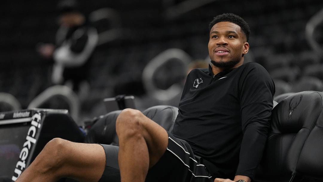 Apr 10, 2026; Milwaukee, Wisconsin, USA;  Milwaukee Bucks forward Giannis Antetokounmpo looks on during warmups prior to the game against the Brooklyn Nets at Fiserv Forum. Mandatory Credit: Jeff Hanisch-Imagn Images