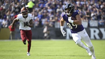 Oct 13, 2024; Baltimore, Maryland, USA; Baltimore Ravens tight end Mark Andrews (89) runs after a catch  during the second half against the Washington Commanders at M&T Bank Stadium. Mandatory Credit: Tommy Gilligan-Imagn Images