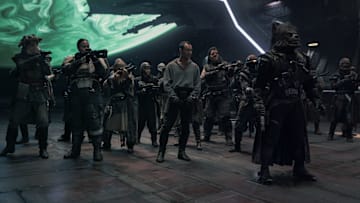 (Foreground) Pax (Mike Estes), Kona (Sisa Grey), , Jod (Jude Law), Beef (Dominic Burgess), Gunter (Jaleel White) and Brutus (Frank Tatasciore, performance artist: Stephan Oyoung) in Lucasfilm’s STAR WARS: SKELETON CREW, exclusively on Disney+. Photo by Matt Kennedy. ©2024 Lucasfilm Ltd. & TM. All Rights Reserved.