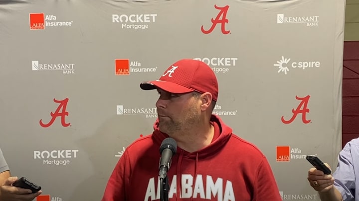 Alabama DC Kane Wommack during his press conference after Alabama's practice on August 6, 2024