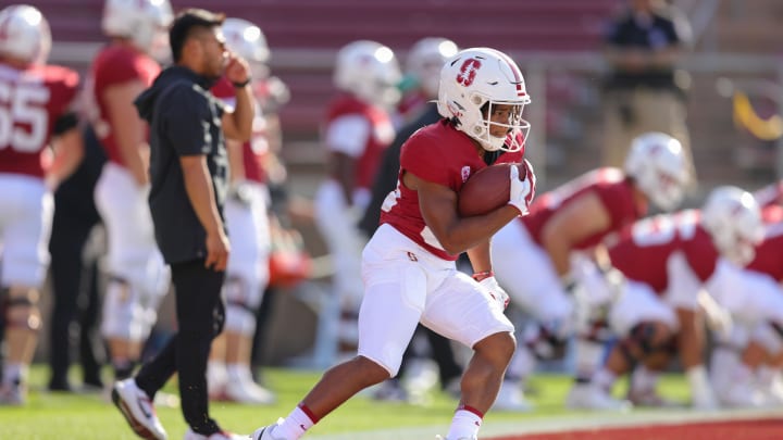 Sep 16, 2023; Stanford, California, USA; Stanford Cardinal running back Sedrick Irvin (26) warms up before the game against the Sacramento State Hornets at Stanford Stadium. Mandatory Credit: Sergio Estrada-USA TODAY Sports