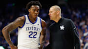 Kentucky Wildcats head coach Mark Pope talks with center Amari Williams during the second half against the Kentucky Wesleyan Panthers at Rupp Arena at Central Bank Center. 