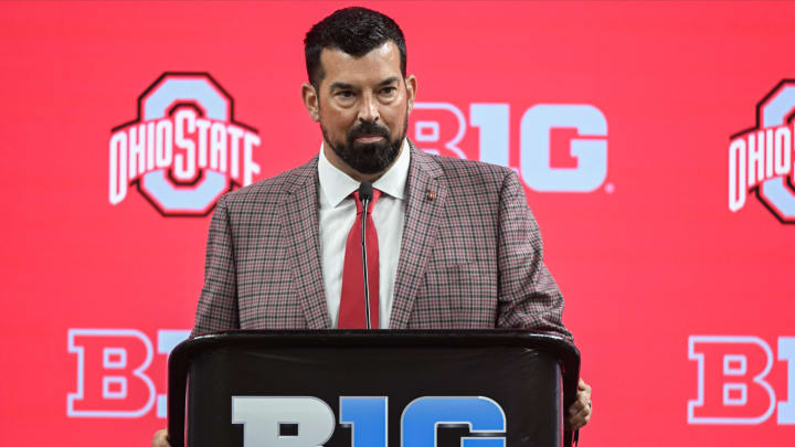 Jul 23, 2024; Indianapolis, IN, USA; Ohio State Buckeyes head coach Ryan Day speaks to the media during the Big 10 football media day at Lucas Oil Stadium.