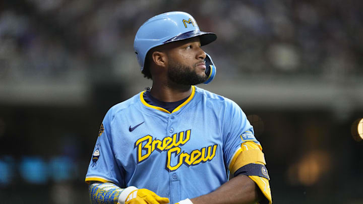 Jun 27, 2025; Milwaukee, Wisconsin, USA;  Milwaukee Brewers center fielder Jackson Chourio (11) during the game against the Colorado Rockies at American Family Field. Mandatory Credit: Jeff Hanisch-Imagn Images