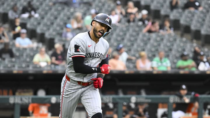 Minnesota Twins shortstop Carlos Correa (4) celebrates after hitting a home run against the Chicago White Sox during the sixth inning at Guaranteed Rate Field on July 10.