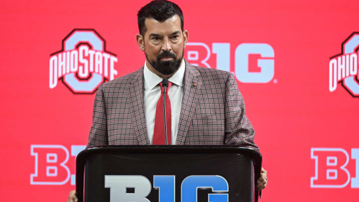 Jul 23, 2024; Indianapolis, IN, USA; Ohio State Buckeyes head coach Ryan Day speaks to the media during the Big 10 football media day at Lucas Oil Stadium. 