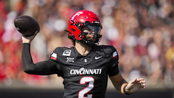 Oct 4, 2025; Cincinnati, Ohio, USA;  Cincinnati Bearcats quarterback Brendan Sorsby (2) throws a pass against the Iowa State Cyclones in the first half at Nippert Stadium. Mandatory Credit: Aaron Doster-Imagn Images
