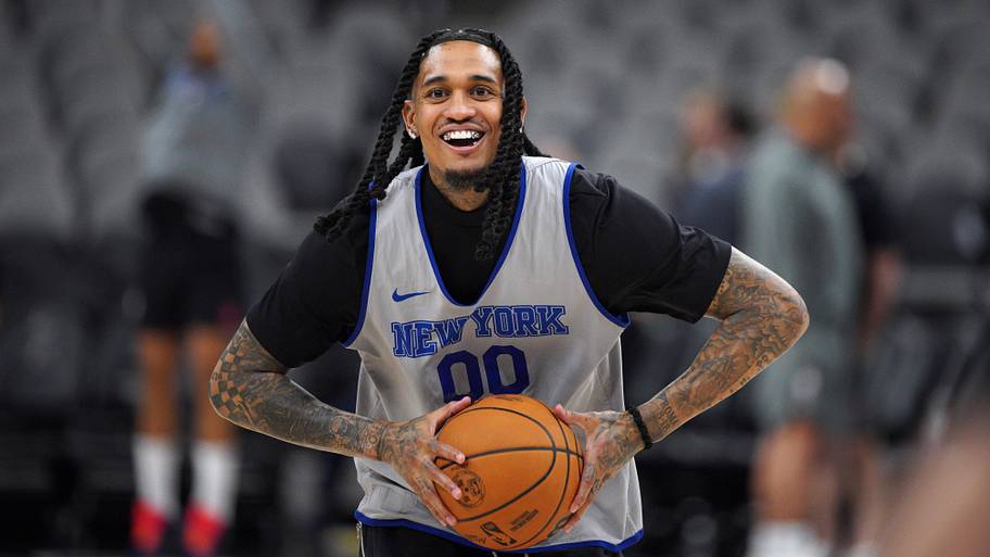 Knicks guard Jordan Clarkson attends practice during the NBA Finals media day.