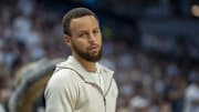 May 14, 2025; Minneapolis, Minnesota, USA; Golden State Warriors guard Stephen Curry (30) looks on against the Minnesota Timberwolves in the second half during game five of the second round for the 2025 NBA Playoffs at Target Center. Mandatory Credit: Jesse Johnson-Imagn Images