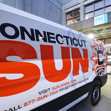 A truck with a Connecticut Sun logo is seen at Massasoit Community College in Brockton, Mass.