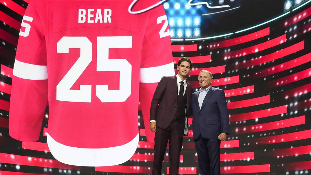 Jun 27, 2025; Los Angeles, California, USA; Carter Bear is selected as the 13th overall pick to the Detroit Red Wings in the first round of the 2025 NHL Draft at Peacock Theater. Mandatory Credit: Kirby Lee-Imagn Images