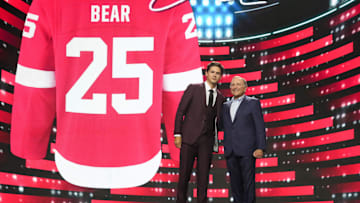 Jun 27, 2025; Los Angeles, California, USA; Carter Bear is selected as the 13th overall pick to the Detroit Red Wings in the first round of the 2025 NHL Draft at Peacock Theater. Mandatory Credit: Kirby Lee-Imagn Images